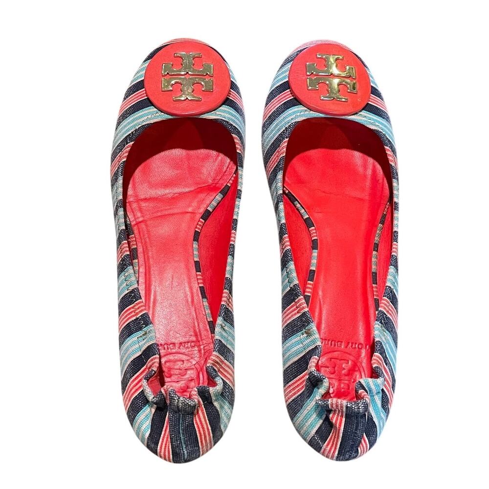 Tory Burch Blue Orange Striped Canvas Reva Ballet Flats, Leather Sole, 9M